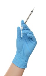 Doctor holding medical syringe on white background, closeup