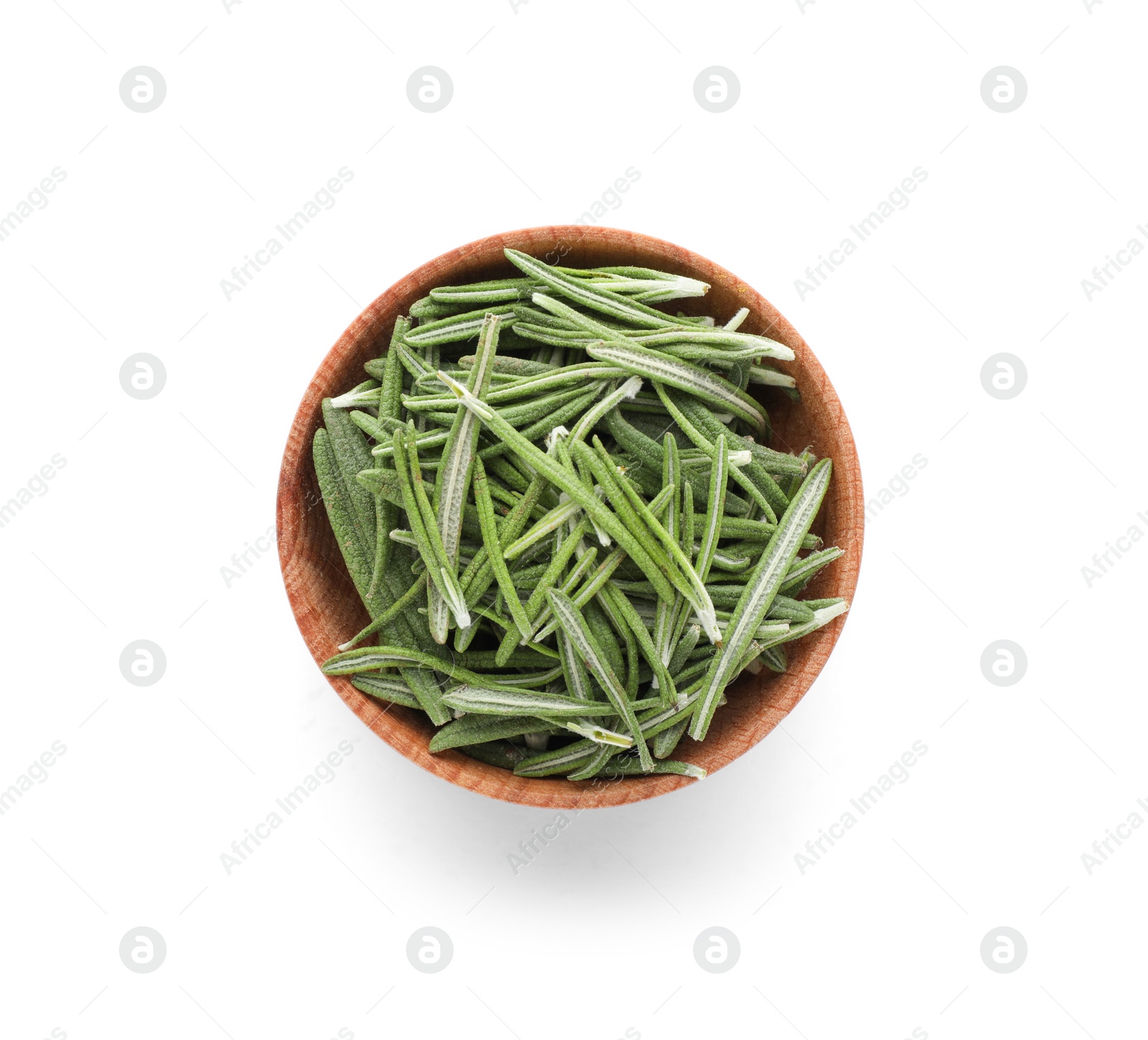 Photo of Small bowl with rosemary on white background. Different spices for cooking