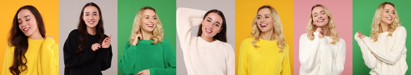 Image of Happy women in warm sweaters on color backgrounds, set of photos