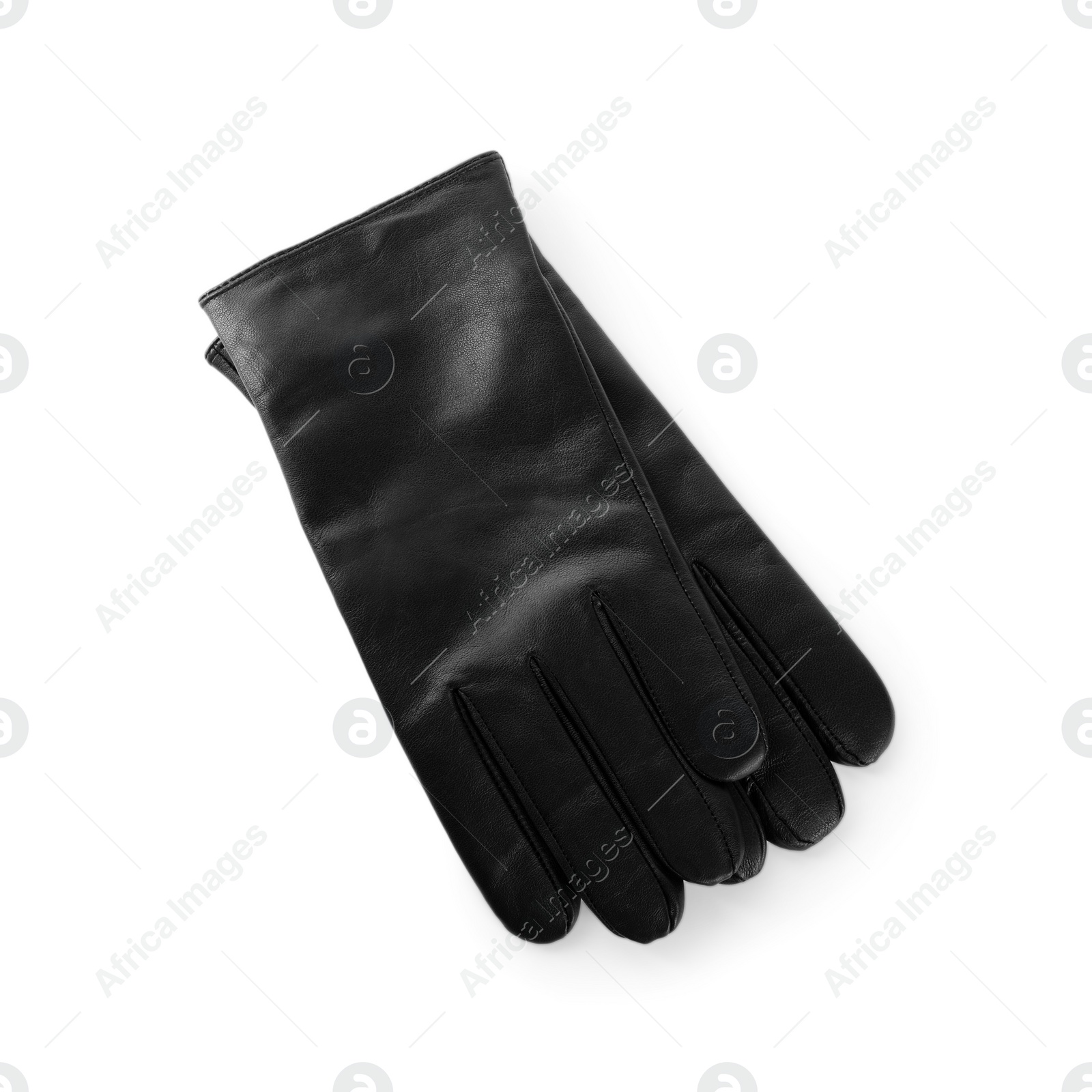 Photo of Stylish black leather gloves on white background, top view