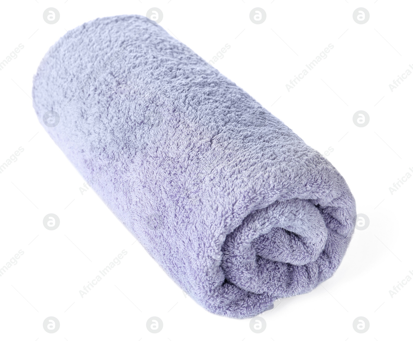 Photo of Rolled clean lilac towel on white background