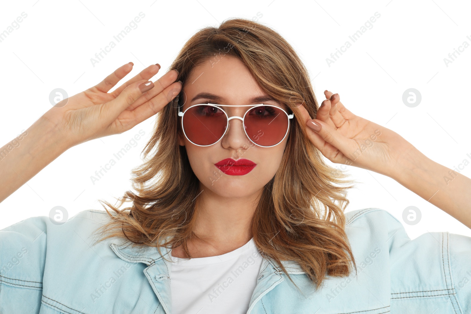 Photo of Young woman wearing stylish sunglasses on white background