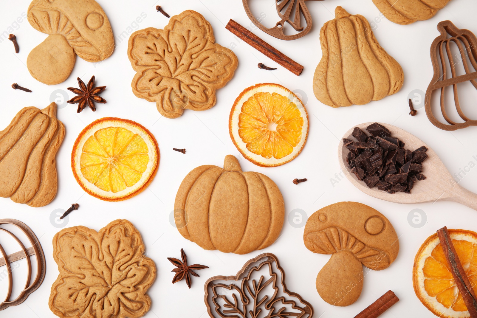 Photo of Flat lay composition with tasty cookies, cutters and spices on white table