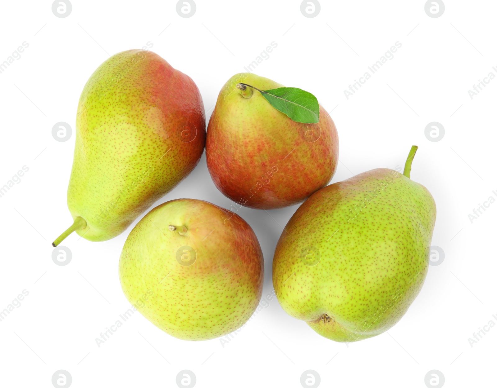 Photo of Heap of ripe juicy pears isolated on white, top view