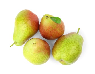 Photo of Heap of ripe juicy pears isolated on white, top view
