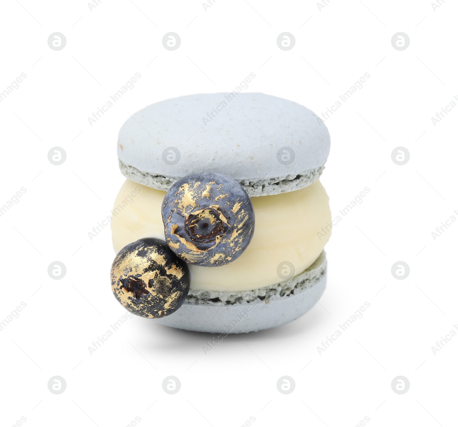 Photo of One delicious macaron with blueberries isolated on white