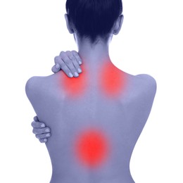 Image of Woman suffering from back and neck pain on white background