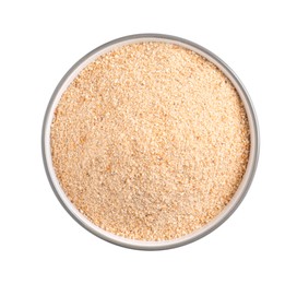 Fresh bread crumbs in bowl isolated on white, top view