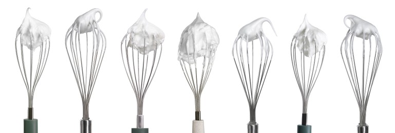 Many different whisks with cream isolated on white, collection