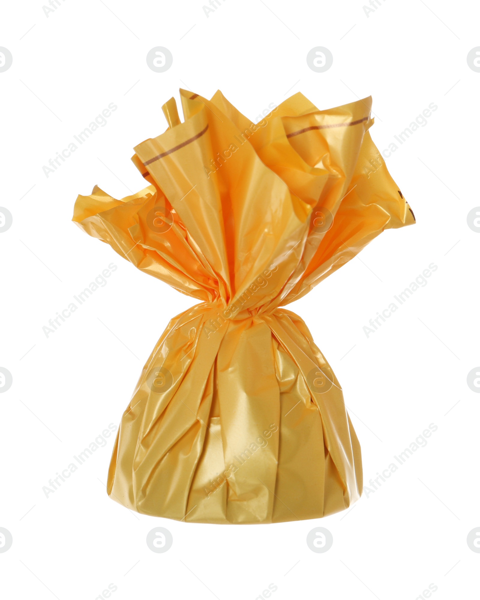 Photo of Delicious candy in yellow wrapper isolated on white