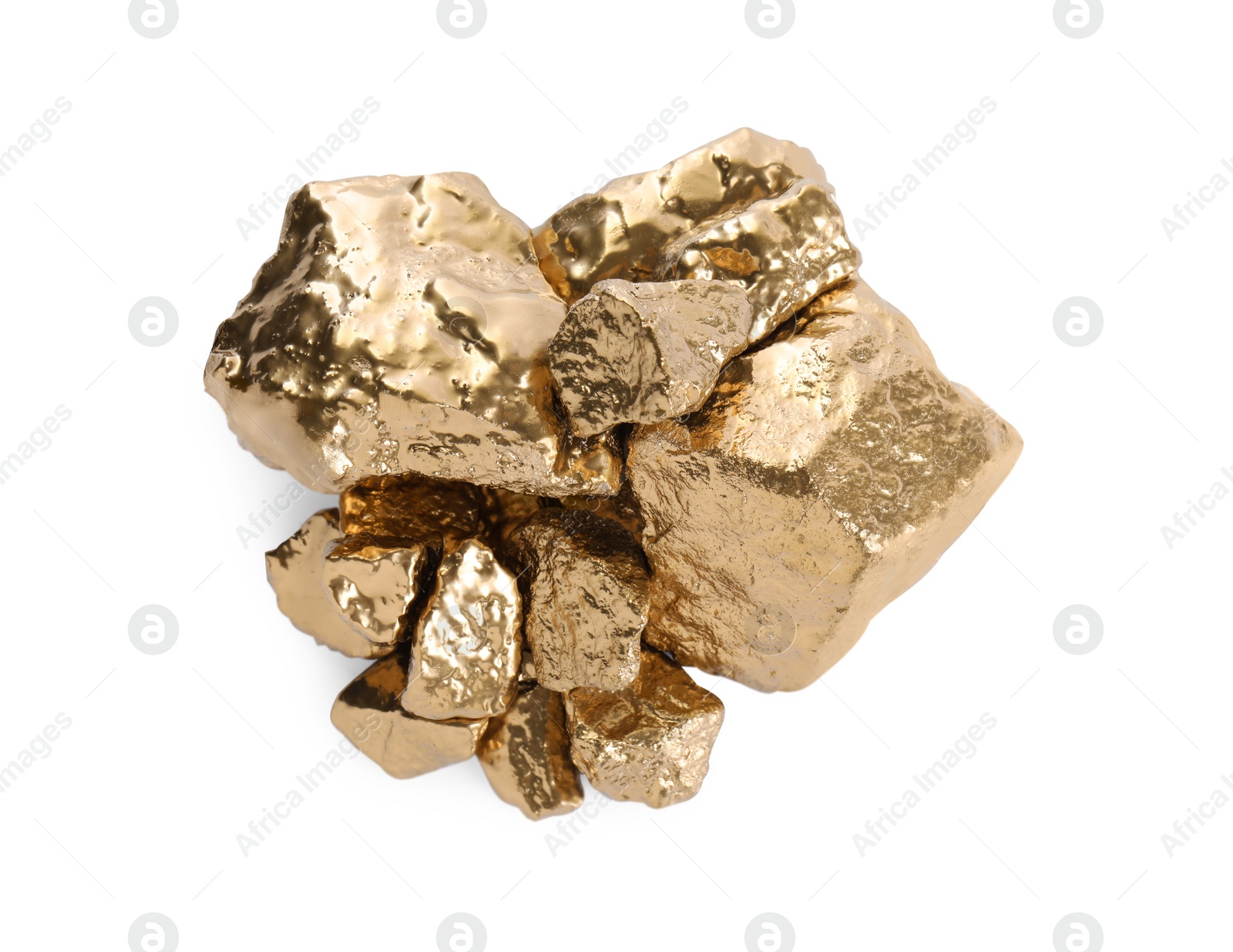 Photo of Pile of shiny gold nuggets on white background, top view