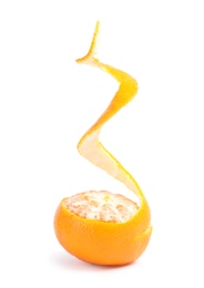 Photo of Peel and ripe tangerine on white background. Citrus fruit