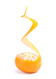 Peel and ripe tangerine on white background. Citrus fruit