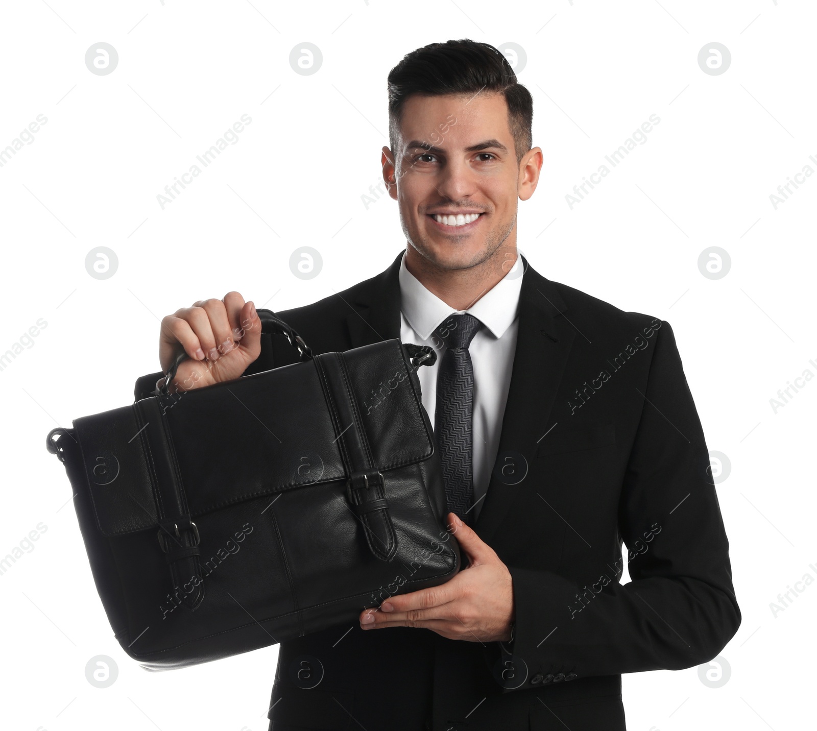 Photo of Businessman with stylish leather briefcase on white background