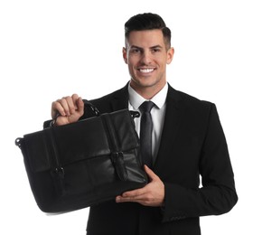 Businessman with stylish leather briefcase on white background