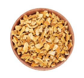 Bowl of dried orange zest seasoning isolated on white, top view