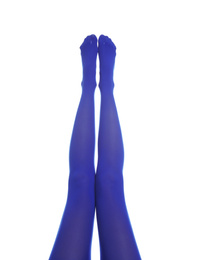 Photo of Woman wearing blue tights on white background, closeup of legs