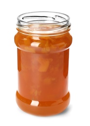 Photo of Jar with peach jam on white background