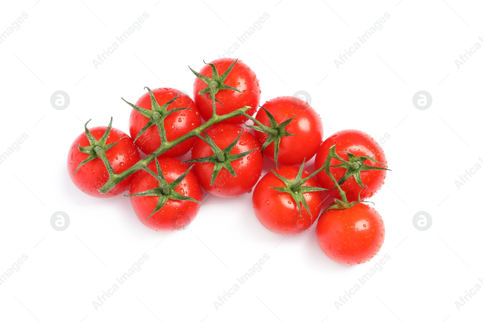 Photo of Branch of fresh cherry tomatoes isolated on white