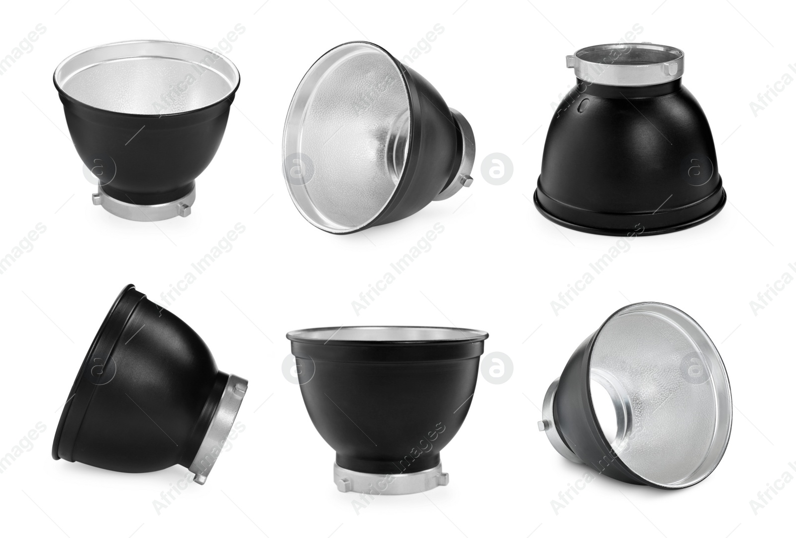 Image of Set with studio flash light reflectors on white background