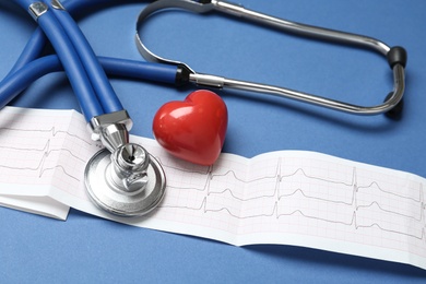 Photo of Cardiogram report, red heart and stethoscope on blue background