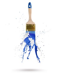 Image of Brush with splashing paints on white background