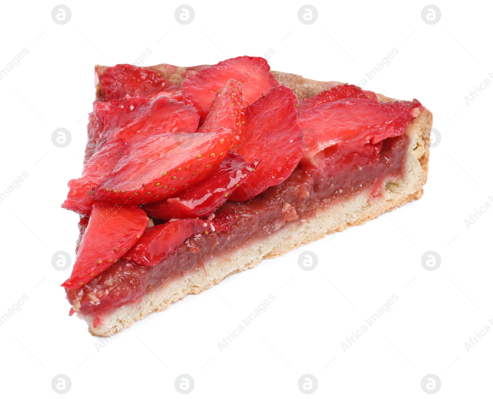 Photo of Piece of delicious strawberry tart isolated on white