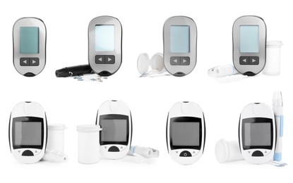  Set with digital glucometers, lancet pens and test strips on white background. Diabetes control