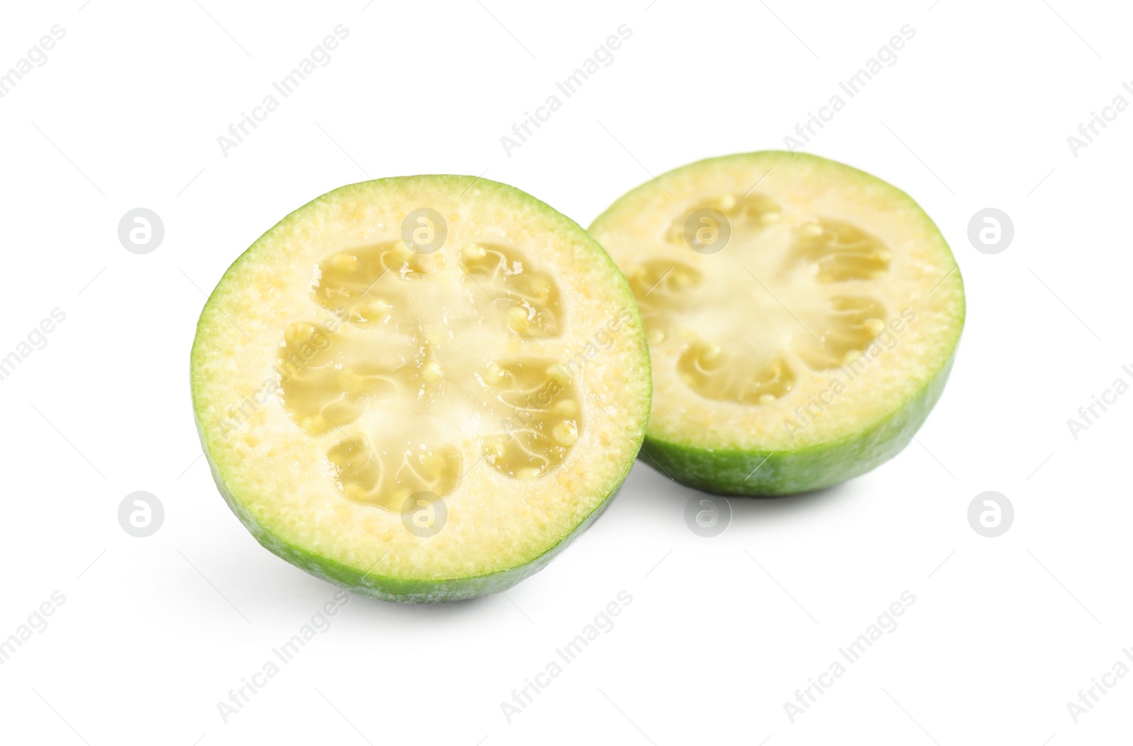 Photo of Delicious cut feijoa fruit on white background