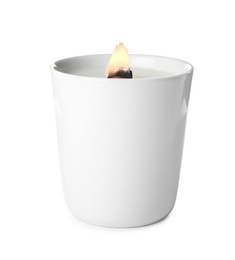 Photo of Beautiful candle with wooden wick isolated on white