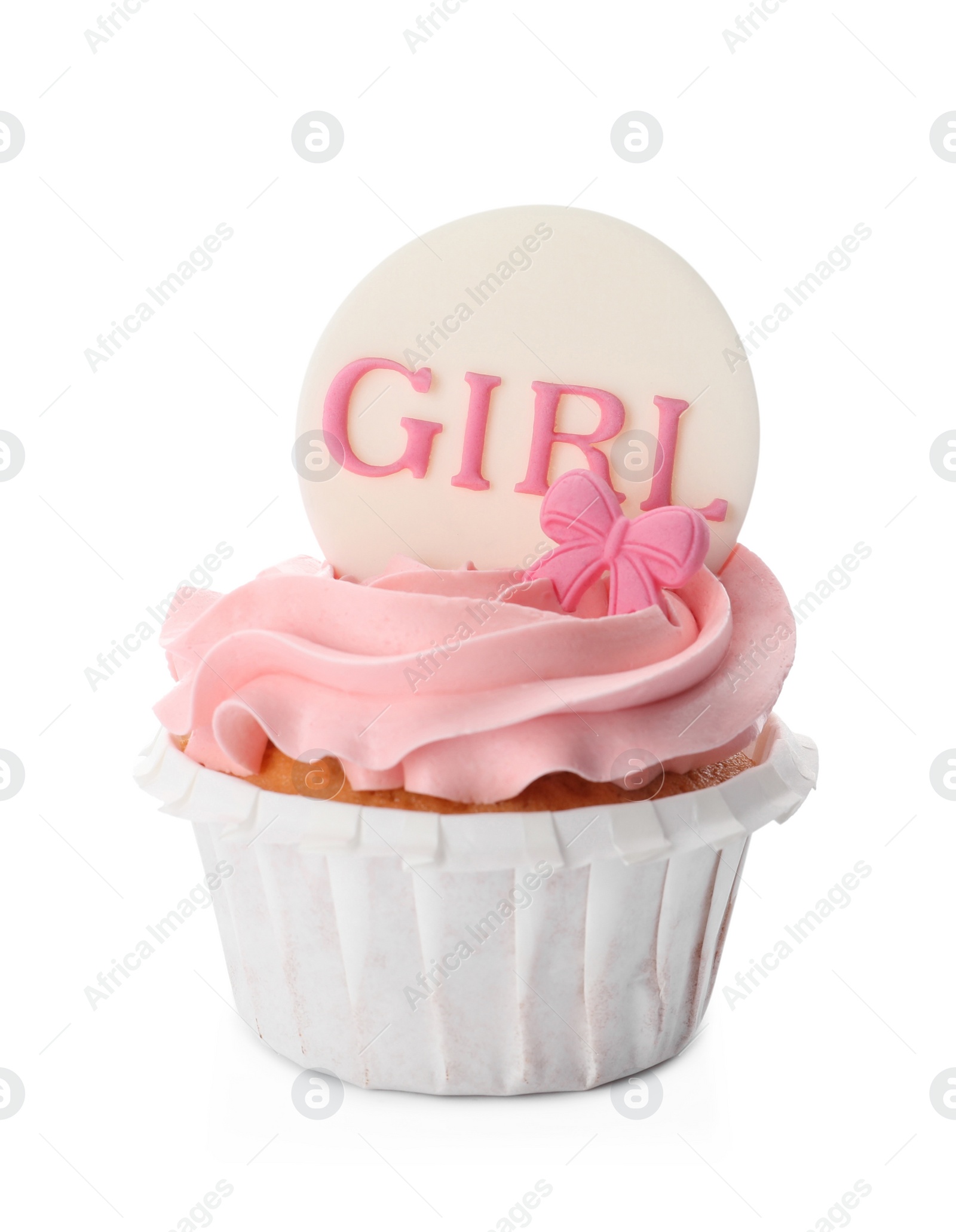 Photo of Baby shower cupcake with Girl topper isolated on white