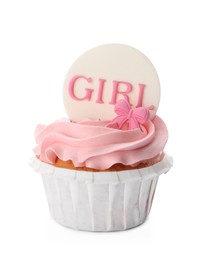 Photo of Baby shower cupcake with Girl topper isolated on white