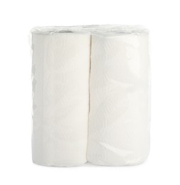 Photo of Package of rolled paper towels isolated on white