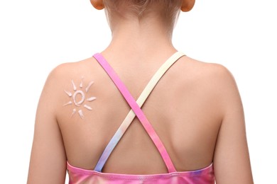 Girl with sun protection cream on her back against white background, closeup