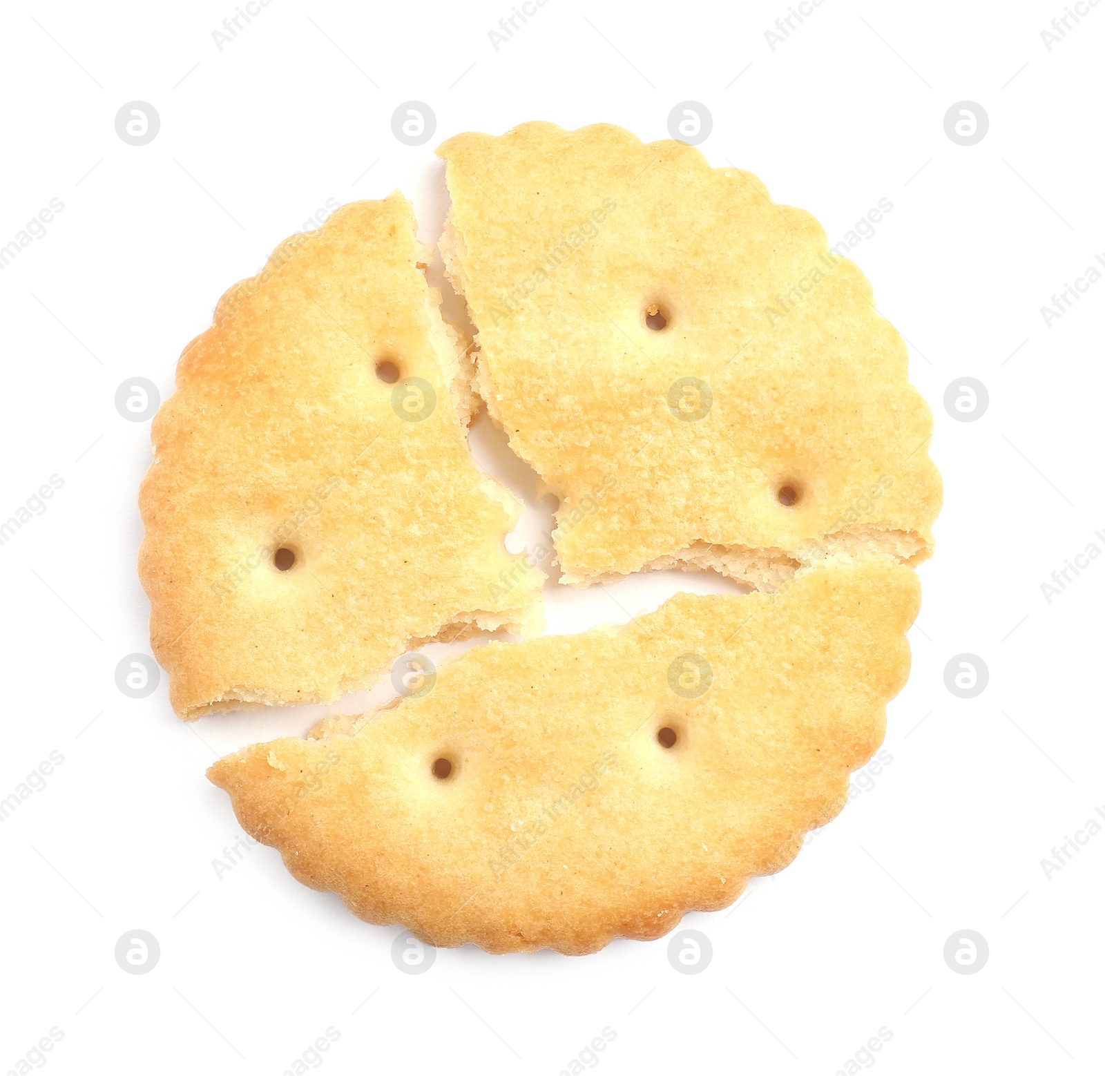 Photo of Crispy broken cracker isolated on white, top view