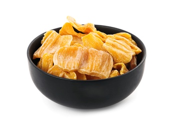 Sweet dried jackfruit slices in bowl on white background