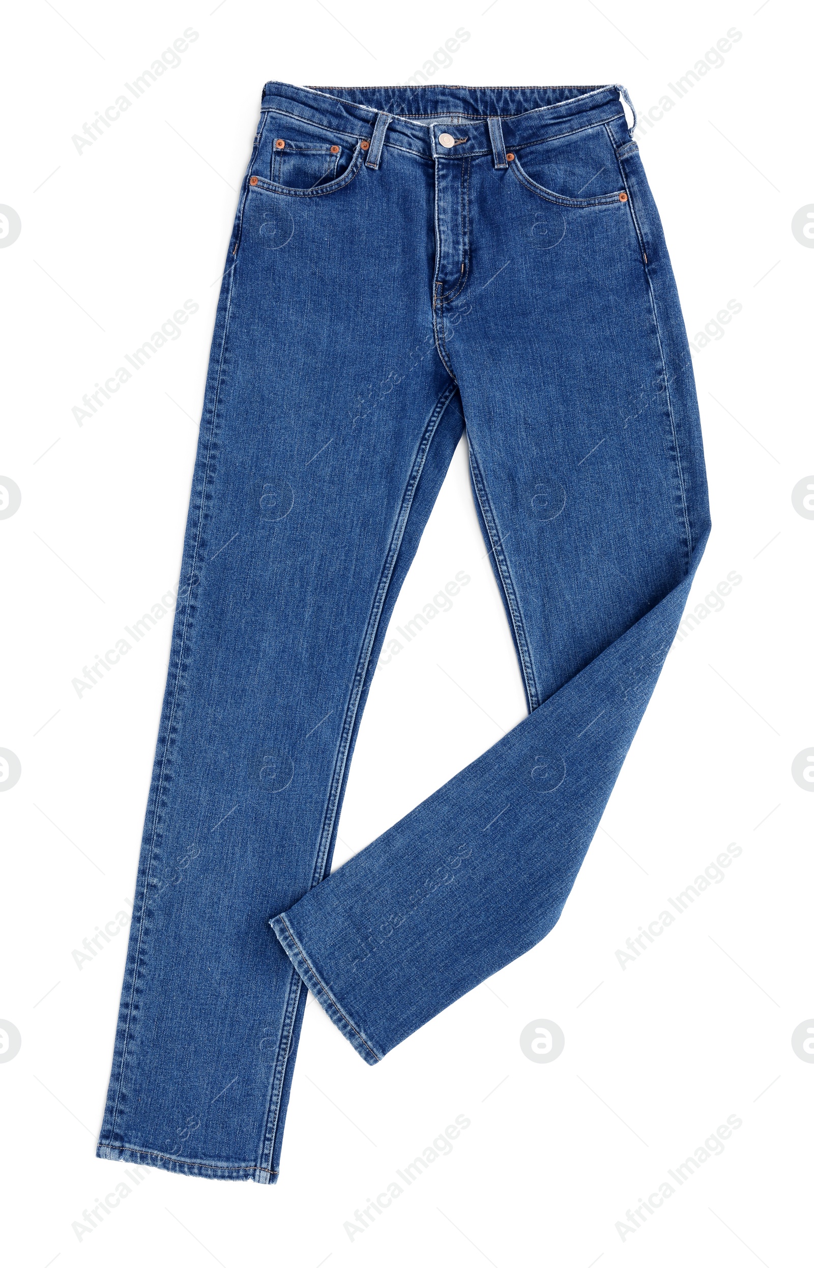 Photo of Dark blue jeans isolated on white, top view. Stylish clothes