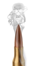 Image of Bullet with skull shaped smoke on white background