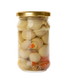 Photo of Glass jar with pickled mushrooms isolated on white