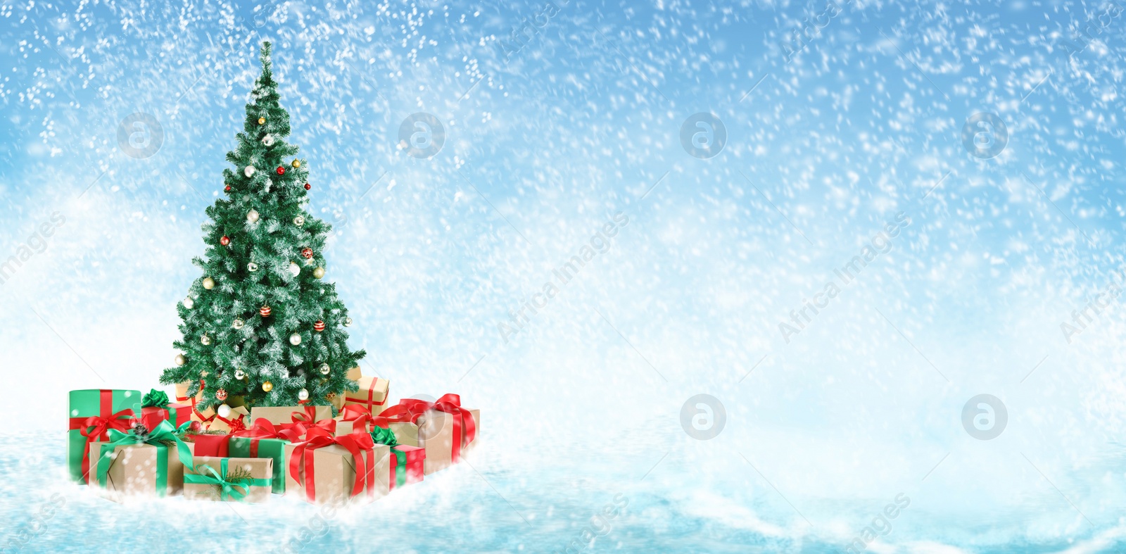 Image of Beautiful Christmas tree with gifts under snowfall, space for text. Banner design