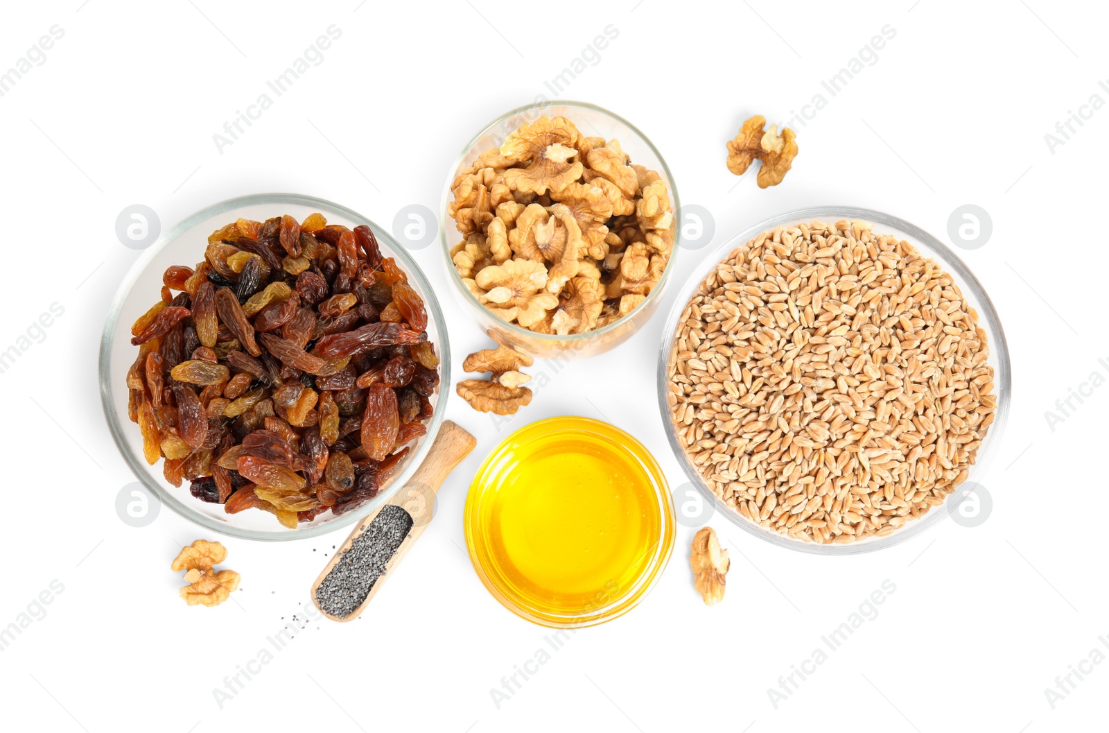 Photo of Ingredients for traditional kutia on white background, top view