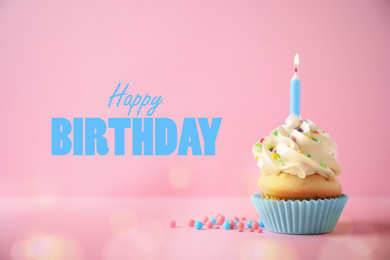 Delicious cupcake with candle on pink background. Happy Birthday