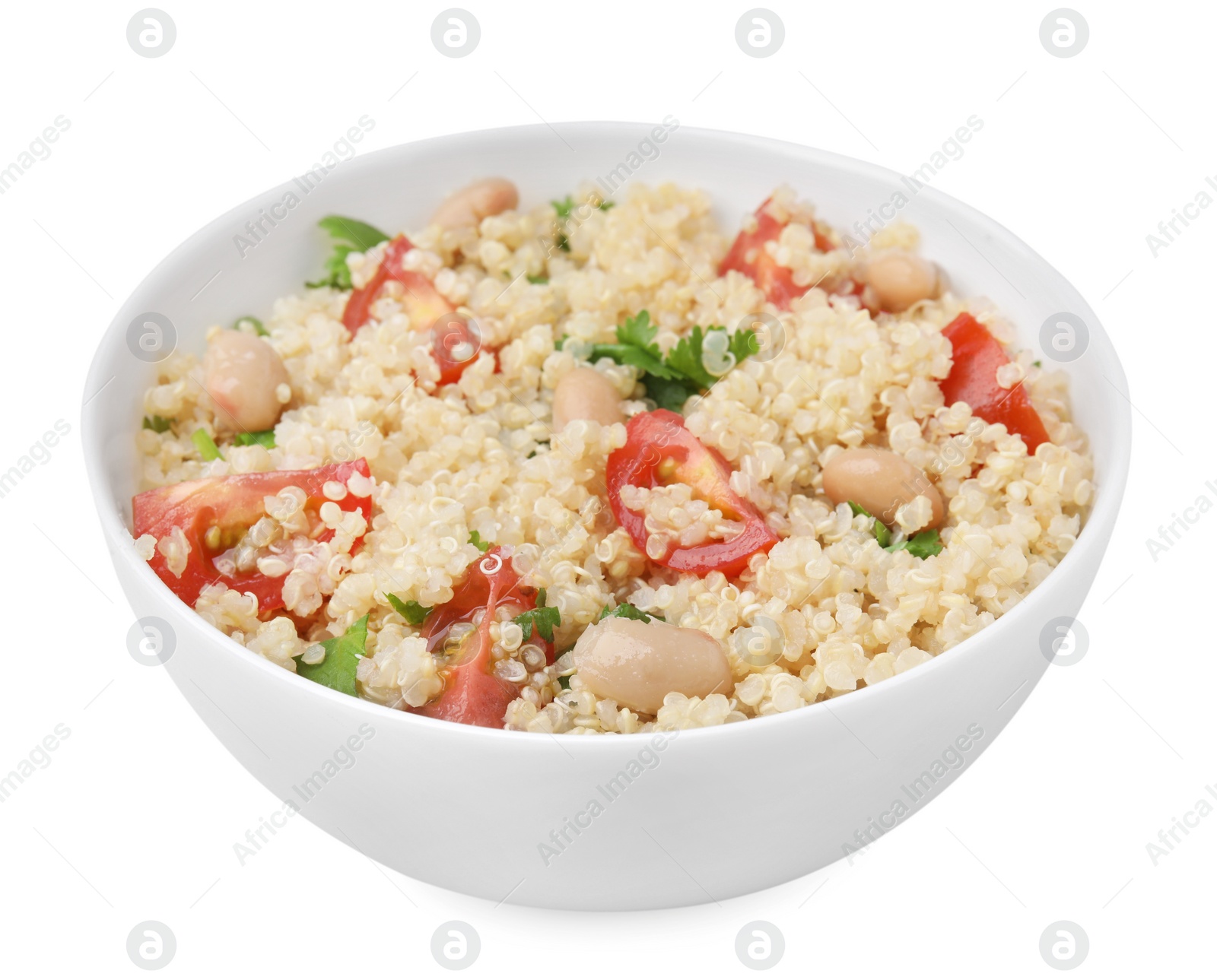 Photo of Delicious quinoa salad with tomatoes, beans and parsley isolated on white
