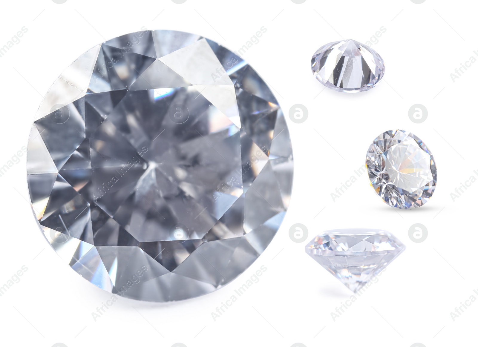 Image of Beautiful dazzling diamonds on white background, set