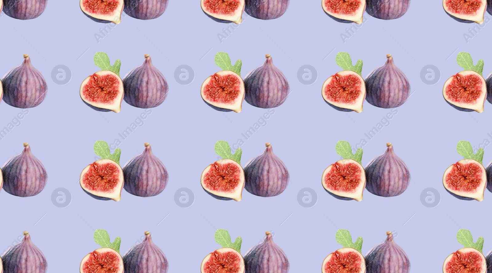 Image of Pattern of cut and whole figs on periwinkle color background