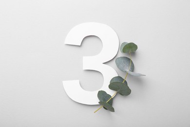 Photo of Paper number 3 and eucalyptus branch on light grey background, top view