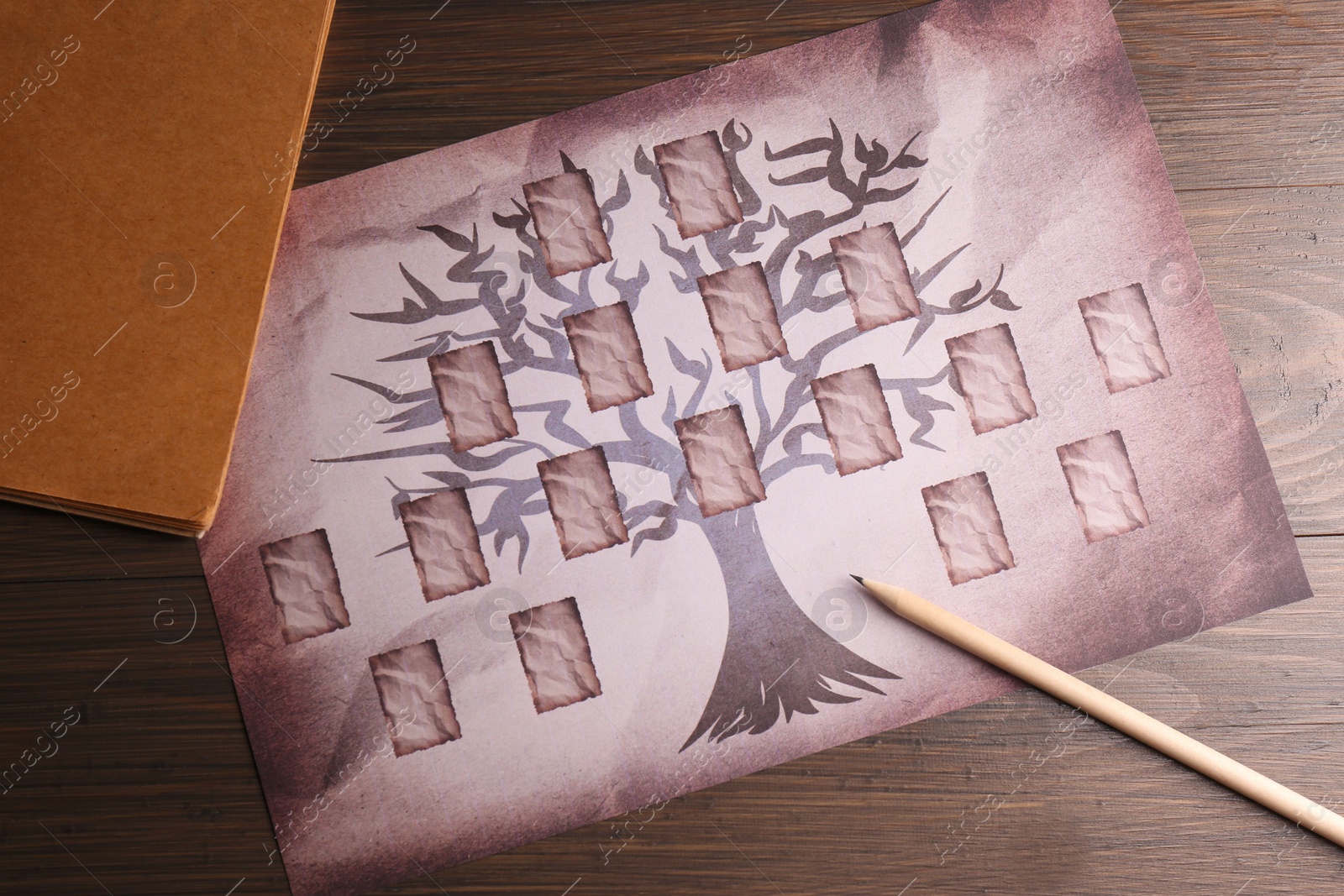 Photo of Blank family tree, notebook and pencil on wooden table, flat lay