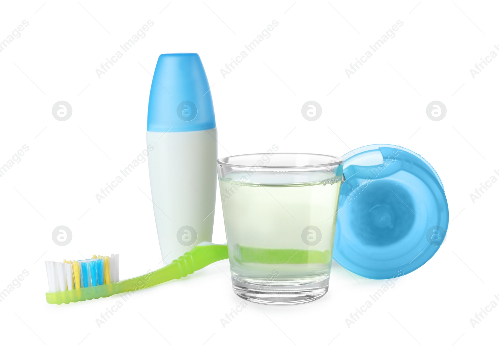 Photo of Items for teeth care and personal hygiene on white background