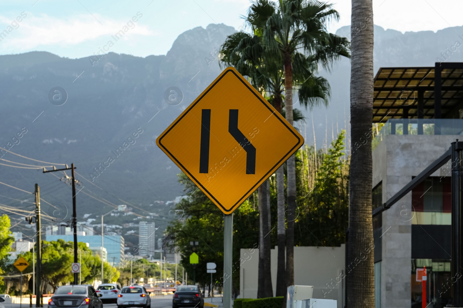 Photo of Yellow sign Road Narrows on city street