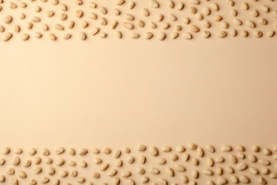 Photo of Composition with peanuts and space for text on color background, top view